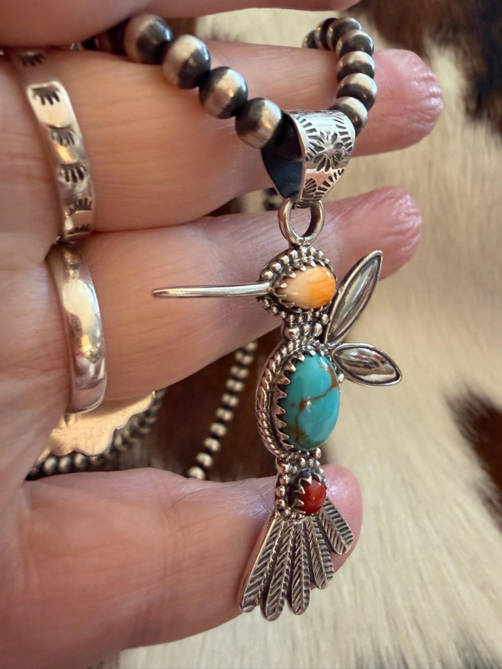 ❤️ Spiny Oyster, Kingman Turquoise Red Coral Hummingbird Navajo Sterling Pendant - Picture 5 of 12